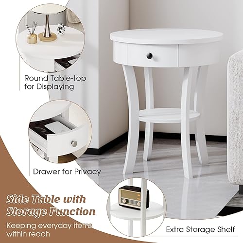 Miniatura 6 de Giantex Mesa auxiliar redonda con cajón mesa auxiliar de madera de 2 niveles con estante abierto mesa auxiliar de sofá pequeño para espacios
