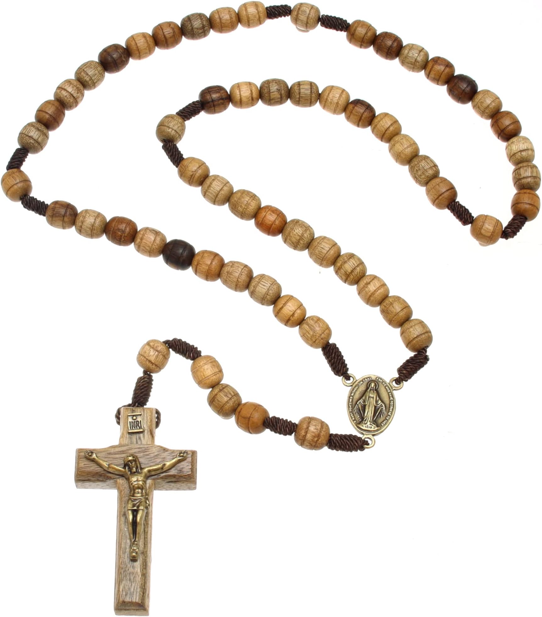 Our Father Solid Wooden Rosary Beads Catholic (Handmade - Brazilian Walnut) with Madonna Medallion Junction - Comes in Velour Gift Pouch