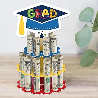 Big Dot of Happiness Graduation Money Gift Holder - DIY Celebration Cash Cake Stand with 20 Bill Slots, Decorative 2-Tier Cap Design, Party Display Centerpiece - Elementary Grad