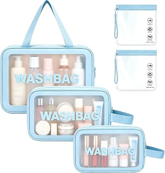 WUBAYI 5Pcs Clear Toiletry Bag, Waterproof PU Makeup Bag with Zipper Handle, Portable Airport Cosmetic Bag for Women & Men, Travel Accessories Wash Bag for Travelling & Holiday 5 Packs Blue