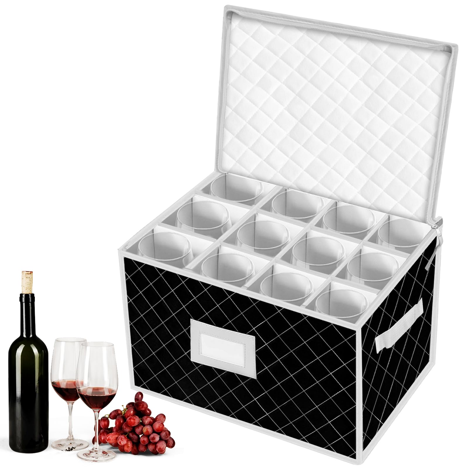 VERONLY Wine Glass Storage Box with Lid, Stemware Storage Cases with 12 Dividers for Crystal Glassware Moving Kitchen