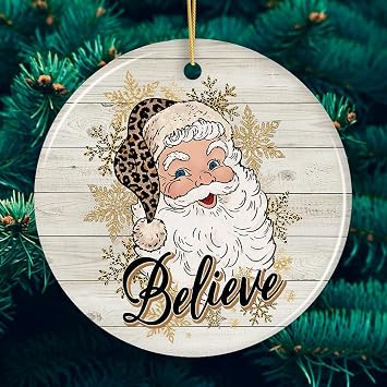 Vintage Believe Santa Christmas Ornament Version 2 - Gold, Circle
