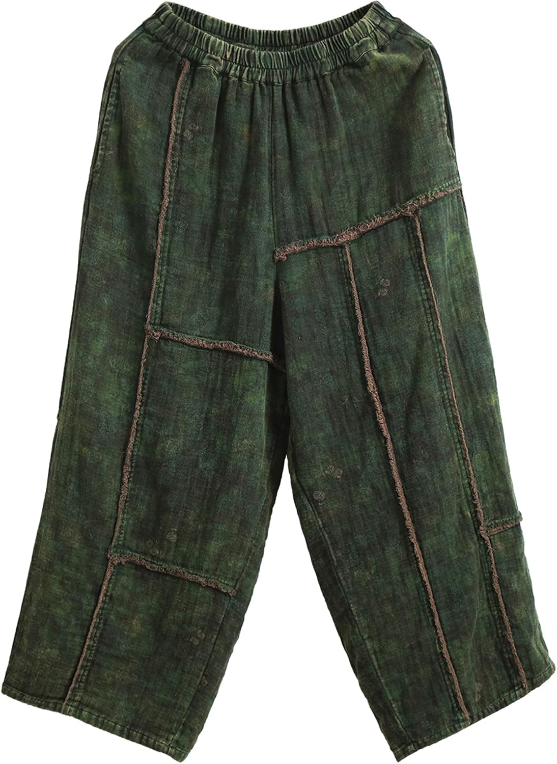 LUZU JUNU Women's Cotton Loose Patchwork Wide Leg Casual Lounge Vintage Boho Cropped Pants with Pocket
