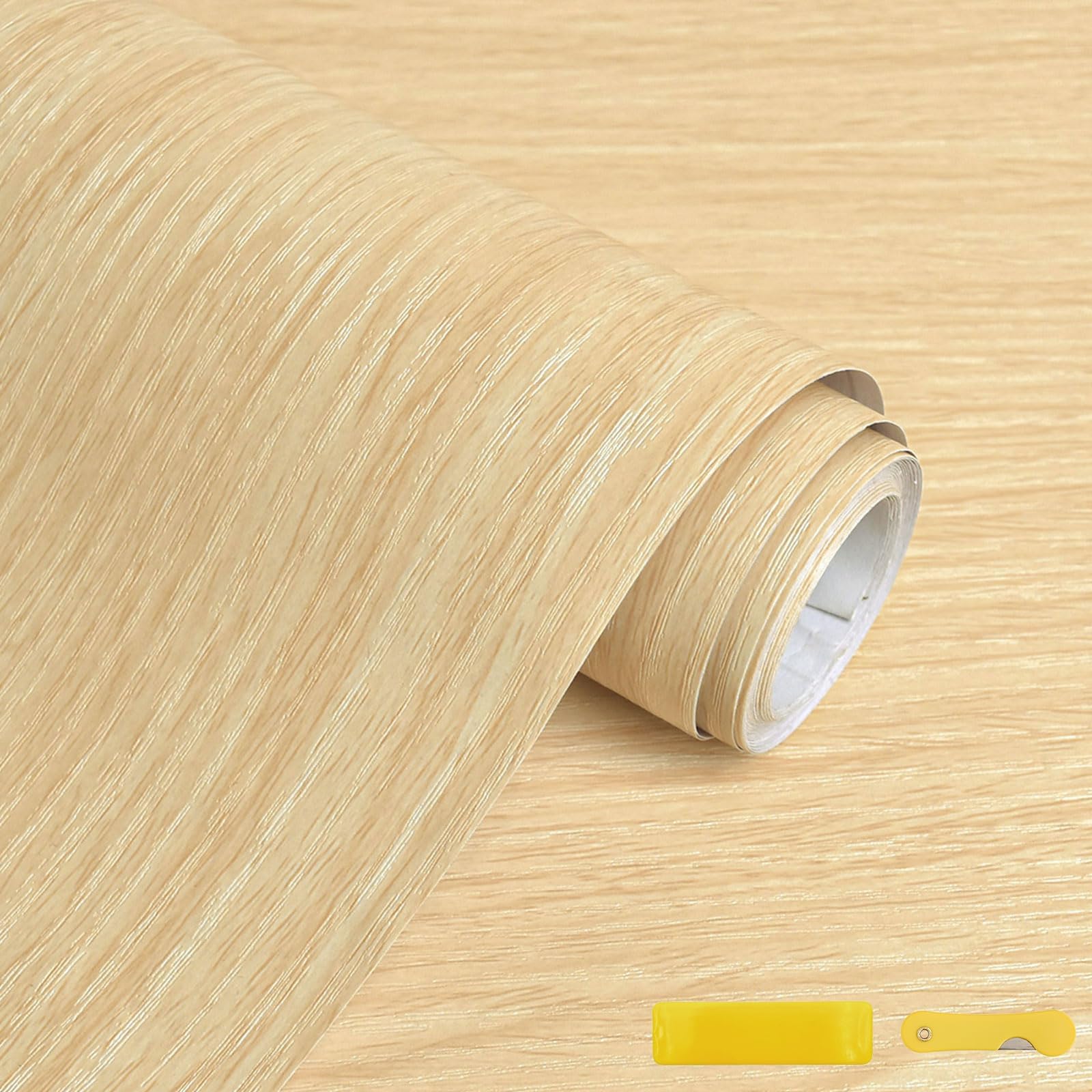 Wood Effect Vinyl Self Adhesive, Yellow Oak Texture Wallpaper, Tool Included, Vinyl Wrap Peel Stick, Waterproof Back Plastic Roll Wallpaper for Kitchen, Cabinets, Furniture, Table (40cm X 500cm)