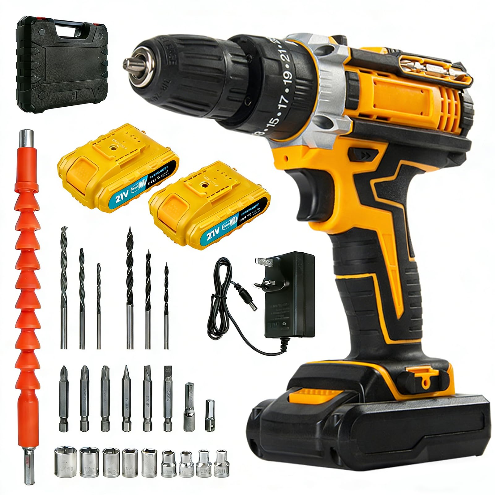 Cordless Drill Driver 21V, Cordless Hammer Drill Set, 42N.m Battery Drill, 25+3 Torque Set, 2-Speed, LED Light, 2.0AH Battery, 24PCS Electric Drill Set for Home and Garden DIY Project (Yellow)