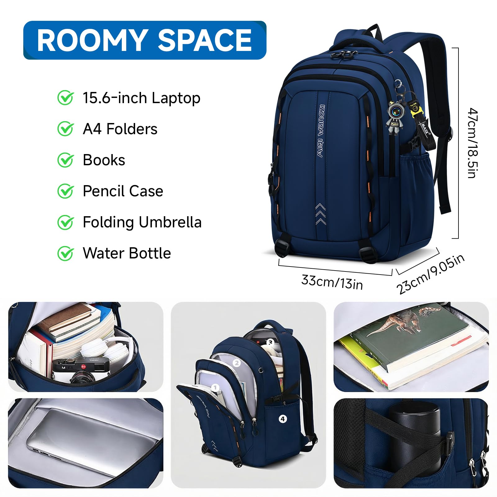 Amythe Zaino Scuola Media e Superiore per Ragazzi Leggero Grande Blu | 35L Zaini Porta PC 15.6" Ragazzo Adolescenti, Adatto al Trolley, Idrorepellente Traspirante Casual, Ritorno Scuola Viaggio