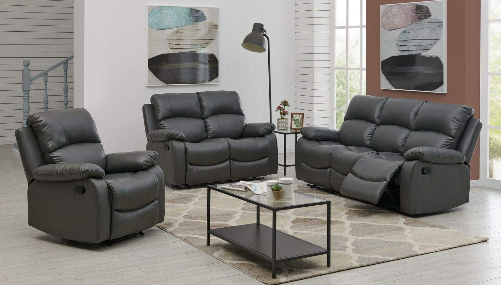 Buy Bravich LUXURY Grey Gray Bonded Leather Recliner 2+3 Sofa Set
