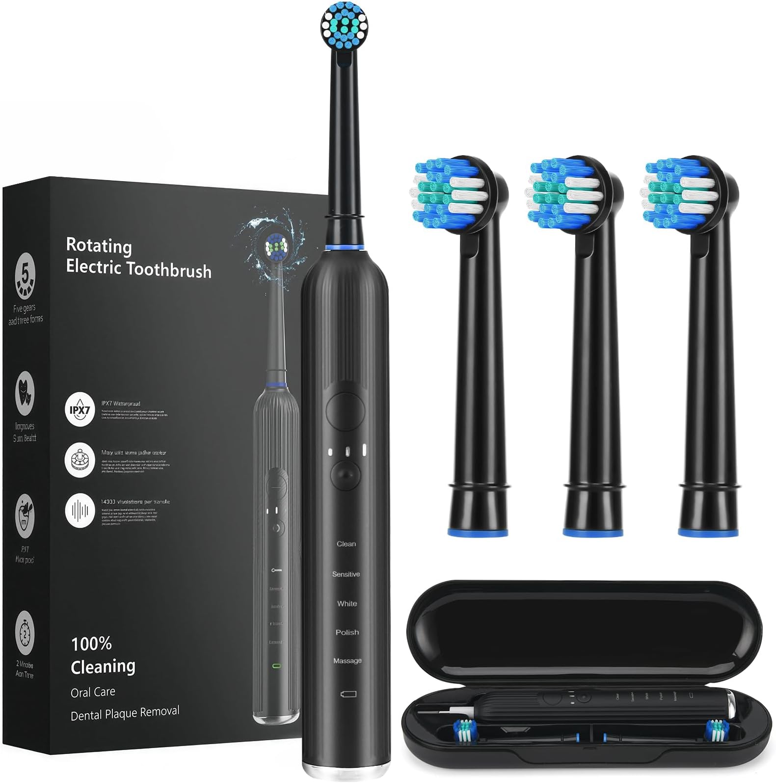 Rotating Electric Toothbrush 5 Modes Rechargeable Power Smart 2-Minutes Toothbrush Cleaner With 3 Brush Heads For Adults Travel Case