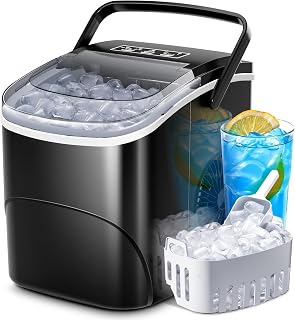 Crzoe Countertop Ice Maker with Handle: 9 Bullet Cubes in 6 Mins, 26lbs/24H, Self-Cleaning Portable Machine for Home, Kitchen, Office, Party