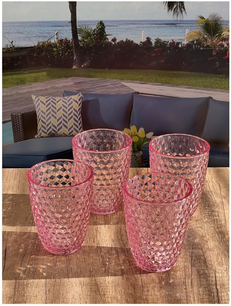 LeadingWare Diamond Cut Acrylic Glasses Drinking Set of 4 (12oz), Plastic Drinking Glasses, BPA Free Cocktail Glasses, Drinkware Set, Drinking Water Glasses