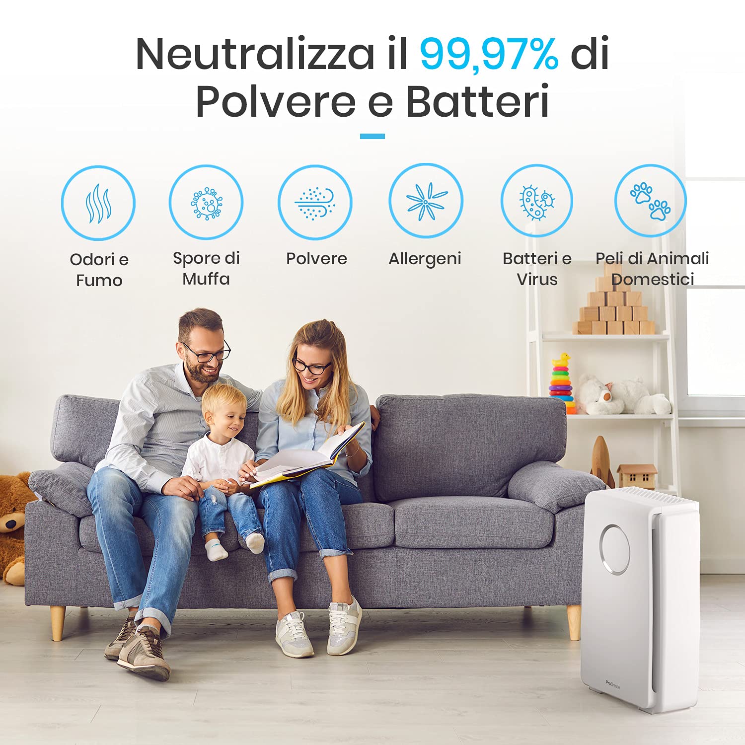 Pro Breeze Purificatore Aria 5-in-1 con pre filtro, Filtro HEPA, Filtro a carboni attivi, Catalizzatore freddo e generatore di ioni negativi - Contro allergie, polvere e odori (CADR 218, 40m ²)