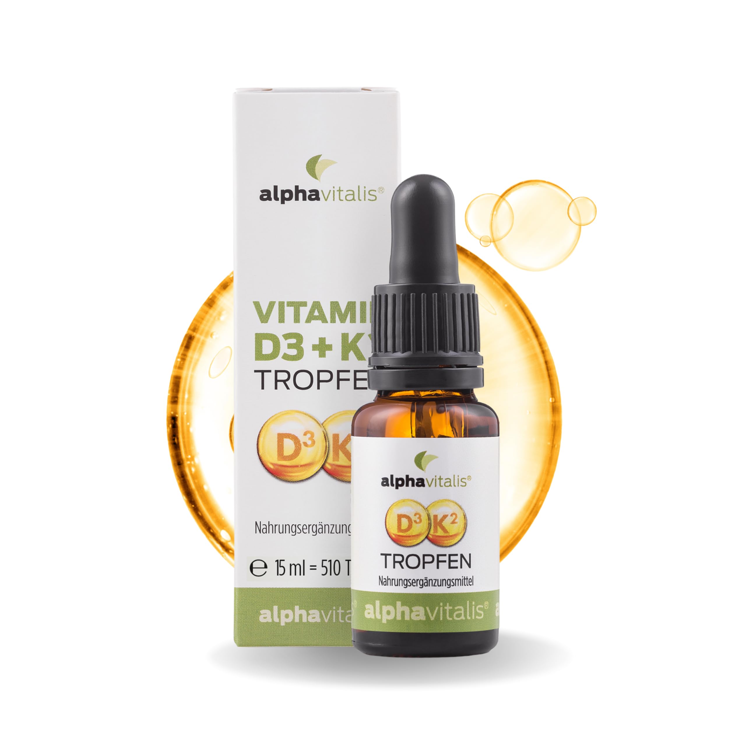 Vitamin D3 K2 Tropfen hochdosiert - K2 aus MK7 99,7% ALL TRANS (K2VITAL® von Kappa) + 25μg (1000 IE) D3 in MCT-Öl für optimale Bioverfügbarkeit - 15ml flüssig - alphavitalis