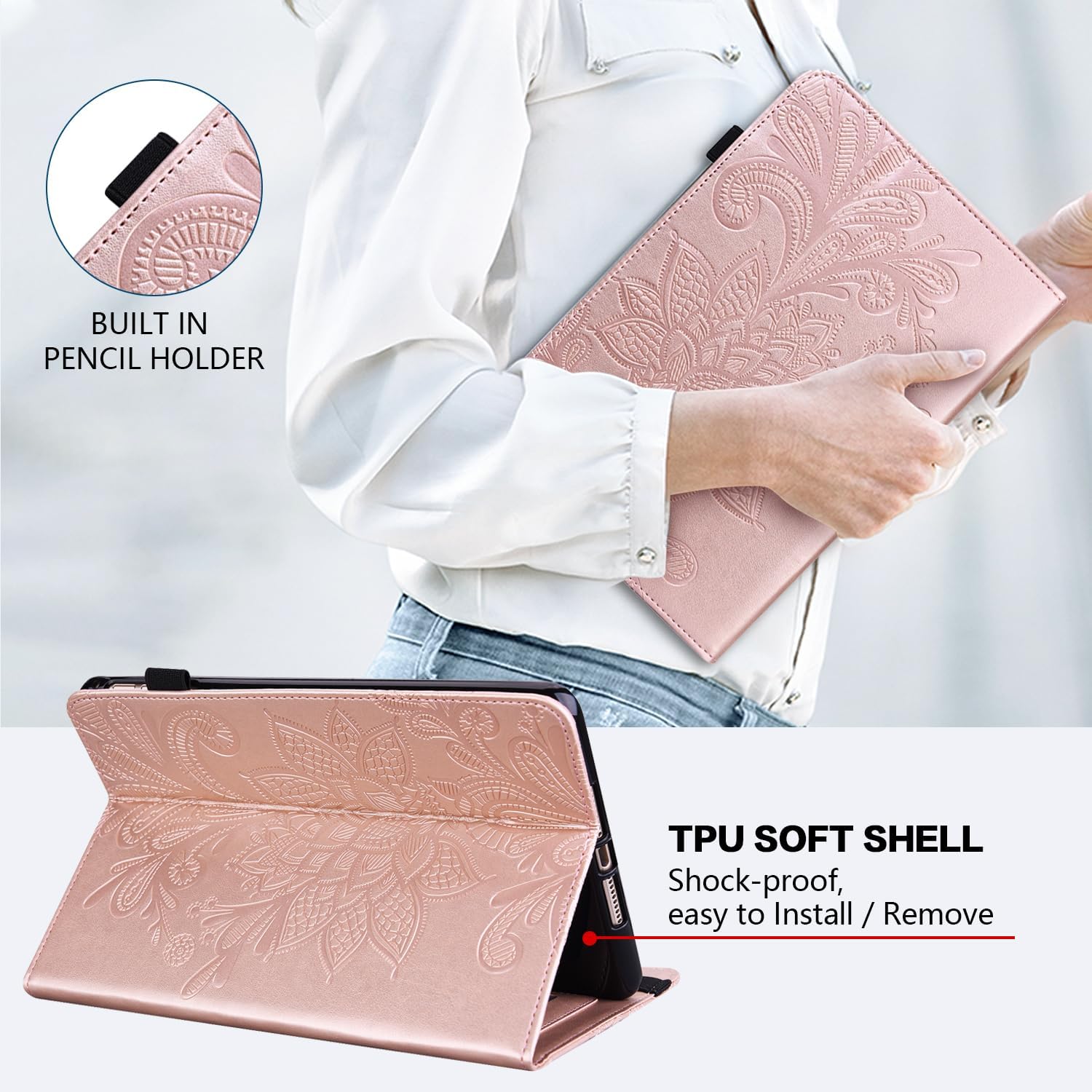 Case for iPad (A16) 11th Generation 11 Inch (2025), iPad 10th Generation 10.9 Inch (2022), Embossed PU Leather Stand case with Auto Wake/Sleep, Pen Holder & Card Slots-Rose Gold