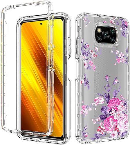 Miniatura 6 de Funda para Poco X3 NFCPoco X3 ProPoco X3, M2007J20CG con protector de pantalla de vidrio templado, diseño floral a prueba de golpes, cubierta