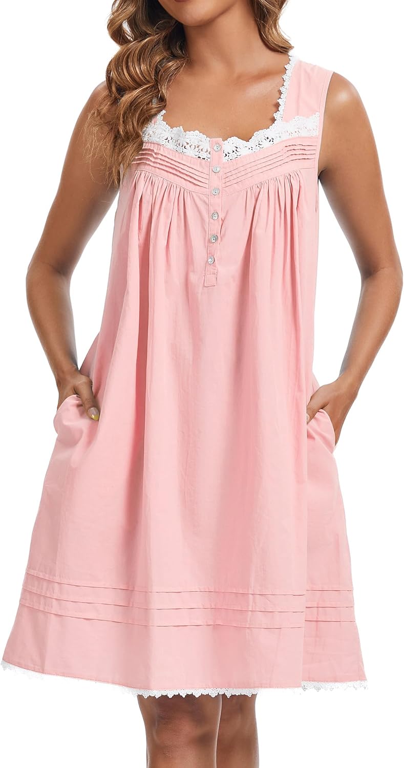 AVIIER 100% Cotton Nightgowns for Women Sleeveless Night Gown with Pockets - Image 2
