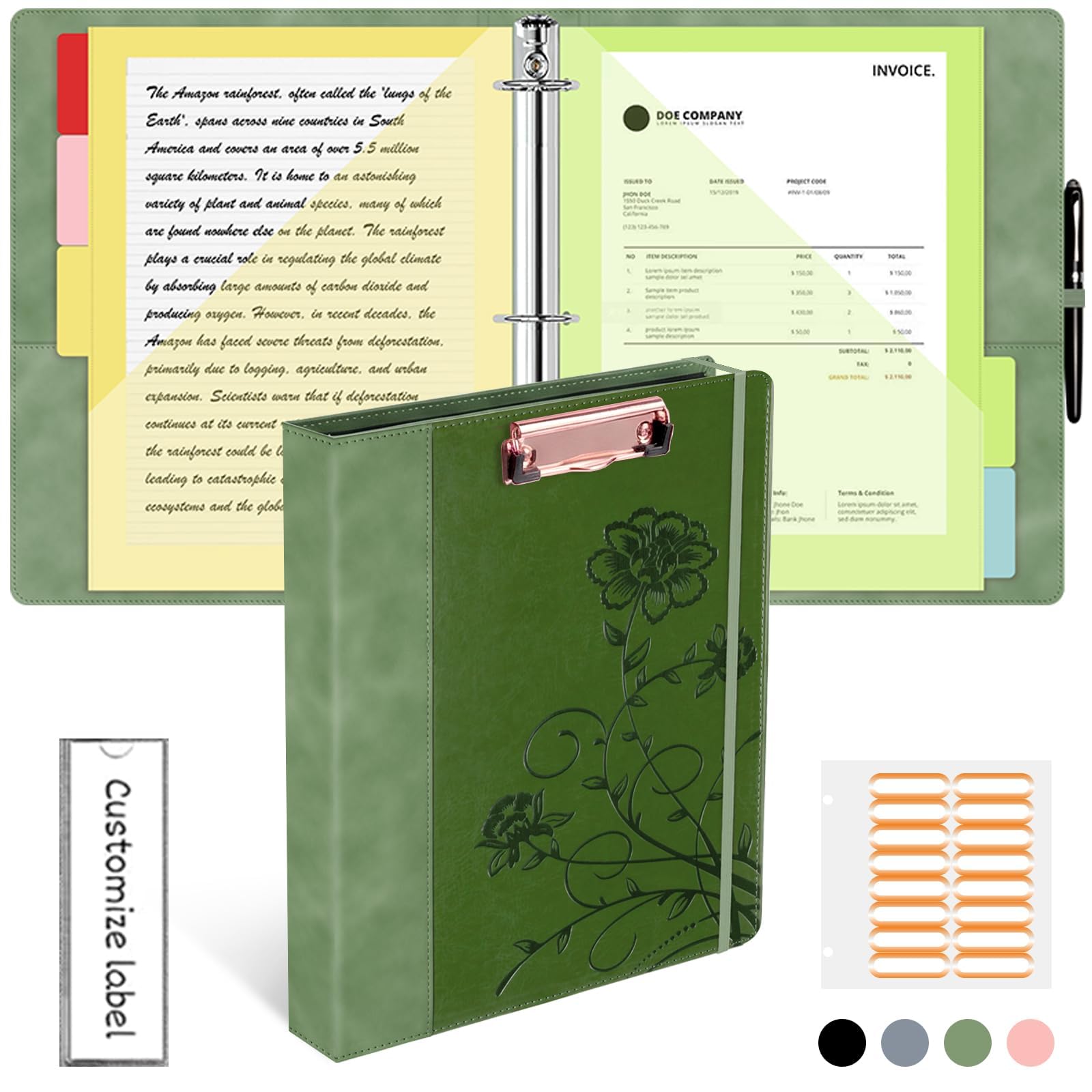 Raccoglitore a 3 anelli da 2,5 cm, in pelle con portablocco, 18 divisori divisori, raccoglitore KLLVE a tre anelli con portapenne (verde, formato lettera)