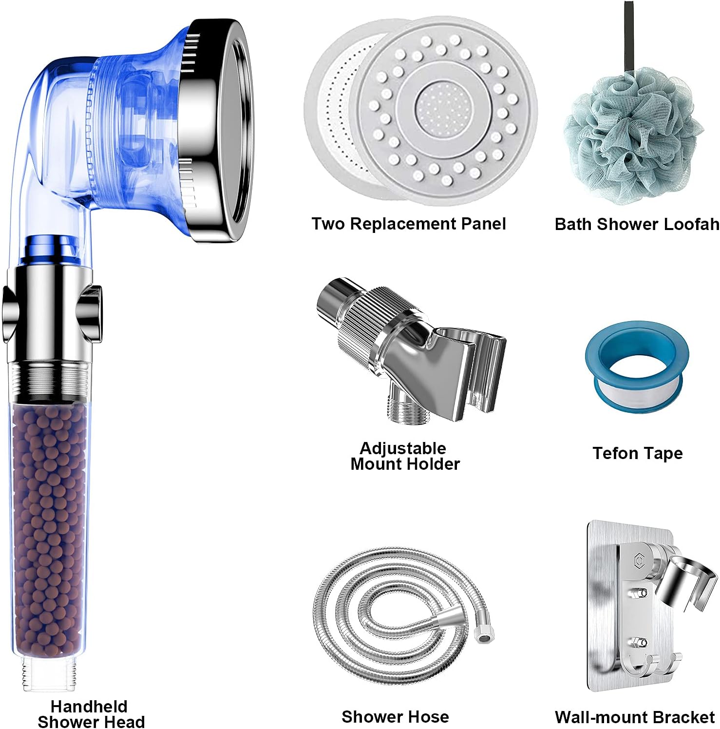 High Pressure Filter Filtration Shower Head with On/Off Button, 4 Mode Filtered Handheld Shower Head for Hard Water, Water Saving Spa Shower Head Good for Dry Hair & Skin (Clear Blue)