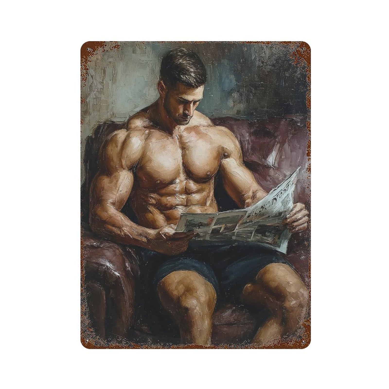 Muscular Man Reading Newspaper Vintage Rust Metal Sign 15.7"x11.8", for Garage, Bar And Workshop Decor, Decorative Metal Wall Art