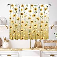 Vista 29 de Cortinas rústicas de cocina de girasol, tablón de madera de campo de campo amarillo, floral, abeja, libélula mariposa, retro, casa rural, Girasol-11