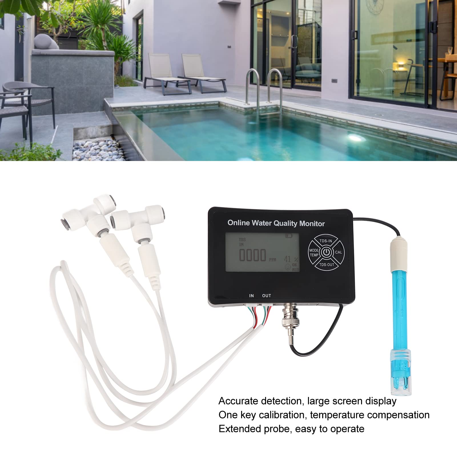 Testeur de température et d'humidité TDS EC PH, Moniteur de qualité de l'eau Mural précis avec Grand écran pour Eau Domestique, Piscine, aquaculture, électrode en Verre en Alliage