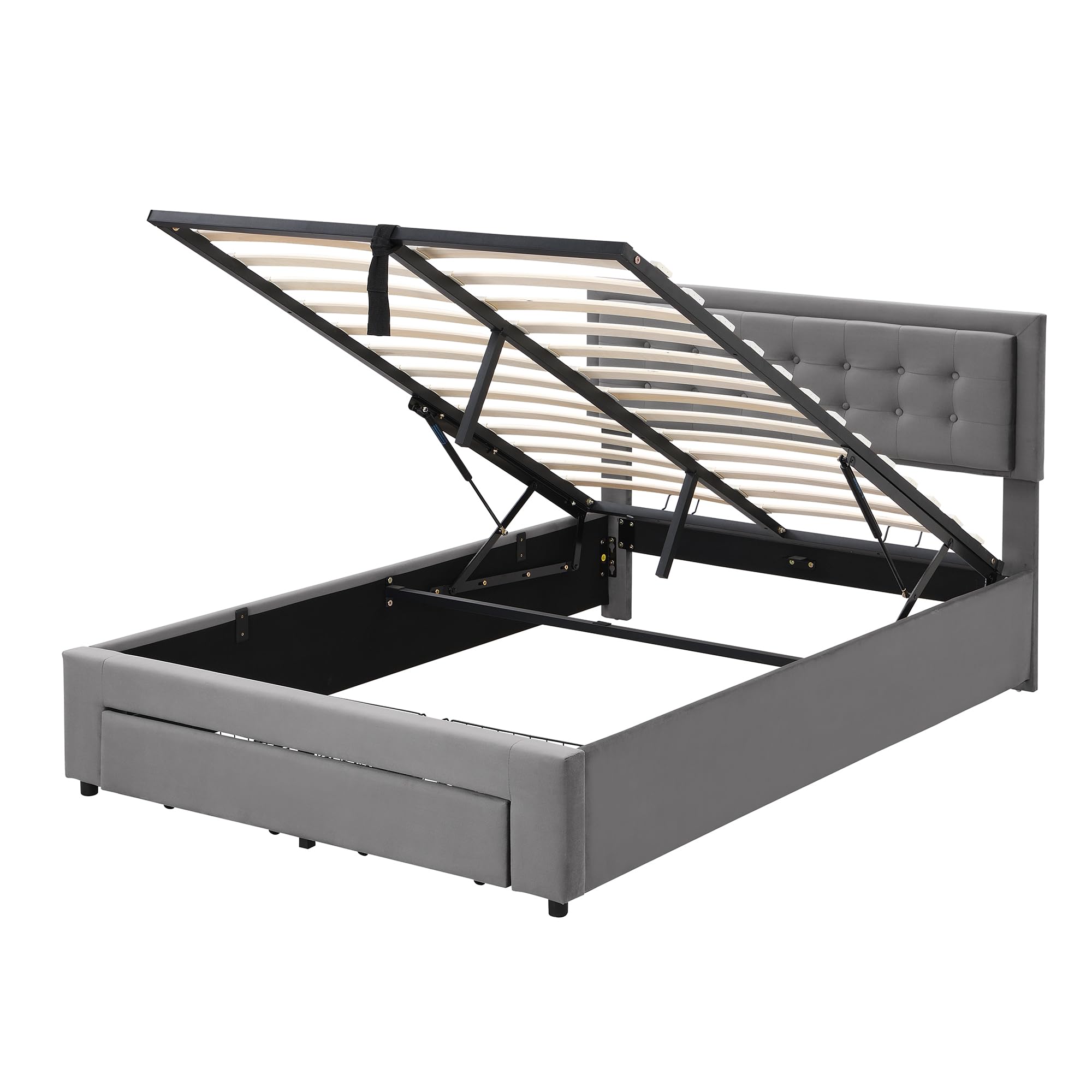 Cama Tapizada 140x190 cm Cama Matrimonio, Cama Juvenil con Almacenaje Hidráulico y cajones, Camas Matrimoniales con Cabecero Regulable, Estructura Camas Doble, Sin Colchón, Terciopelo Gris