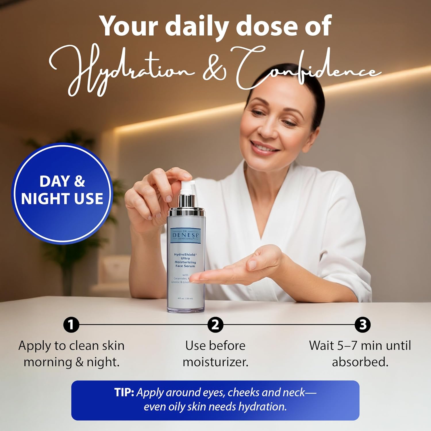 Dr. Denese SkinScience HydroShield Ultra Moisturizing Face Serum 4 oz – Retinol & Ceramide Formula for Deep Moisture, Smooth Radiant Skin, Fine Line Care – Dermatologist-Tested & Cruelty-Free - Image 5