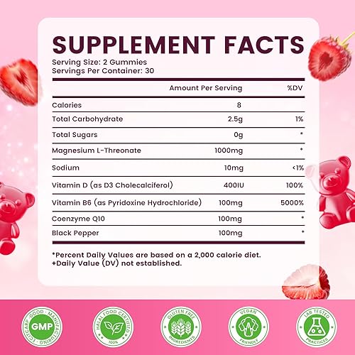 Miniatura 2 de Gomitas de magnesio L-treonato de 1000 mg para niños y adultos, suplemento de treonato de magnesio con vitamina D, B6 y coenzima Q10, apoyo