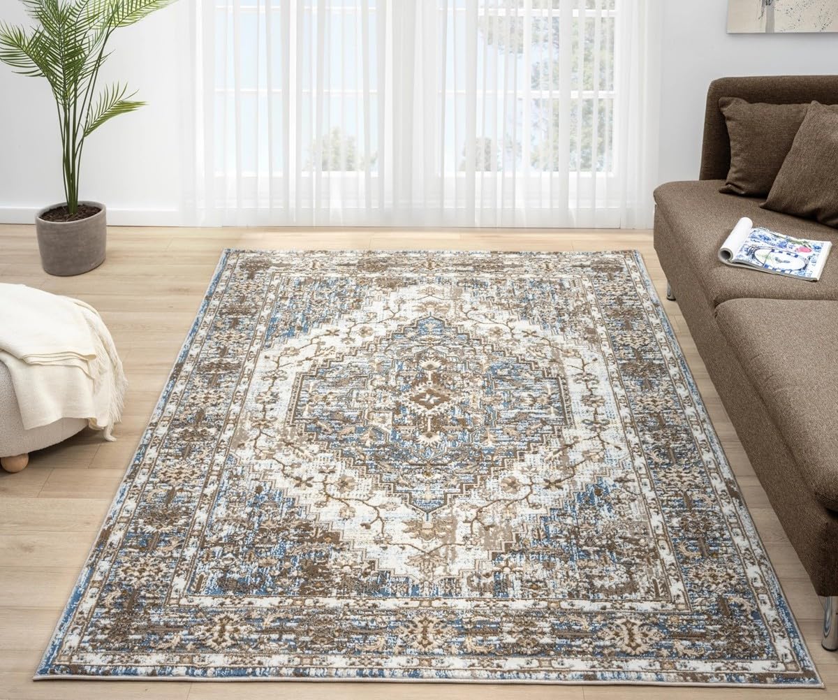 Lord of Rugs Traditional Vintage Rug for Dining Room, Living Room, Bedroom, Home Office, Kitchen Classic Bohomian Easy Care Rug Medallion Blue Anthracite 552AG Small 80x150 cm (2'6"x5')