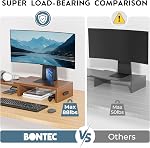 BONTEC Riser de support double moniteur avec porte-smartphone, longueur réglable & Angle pivotant, Organisateur de bureau ergonomique en bois pour PC Moniteur, Ordinateur portable, Imprimante, Grand Stockage, Noyer