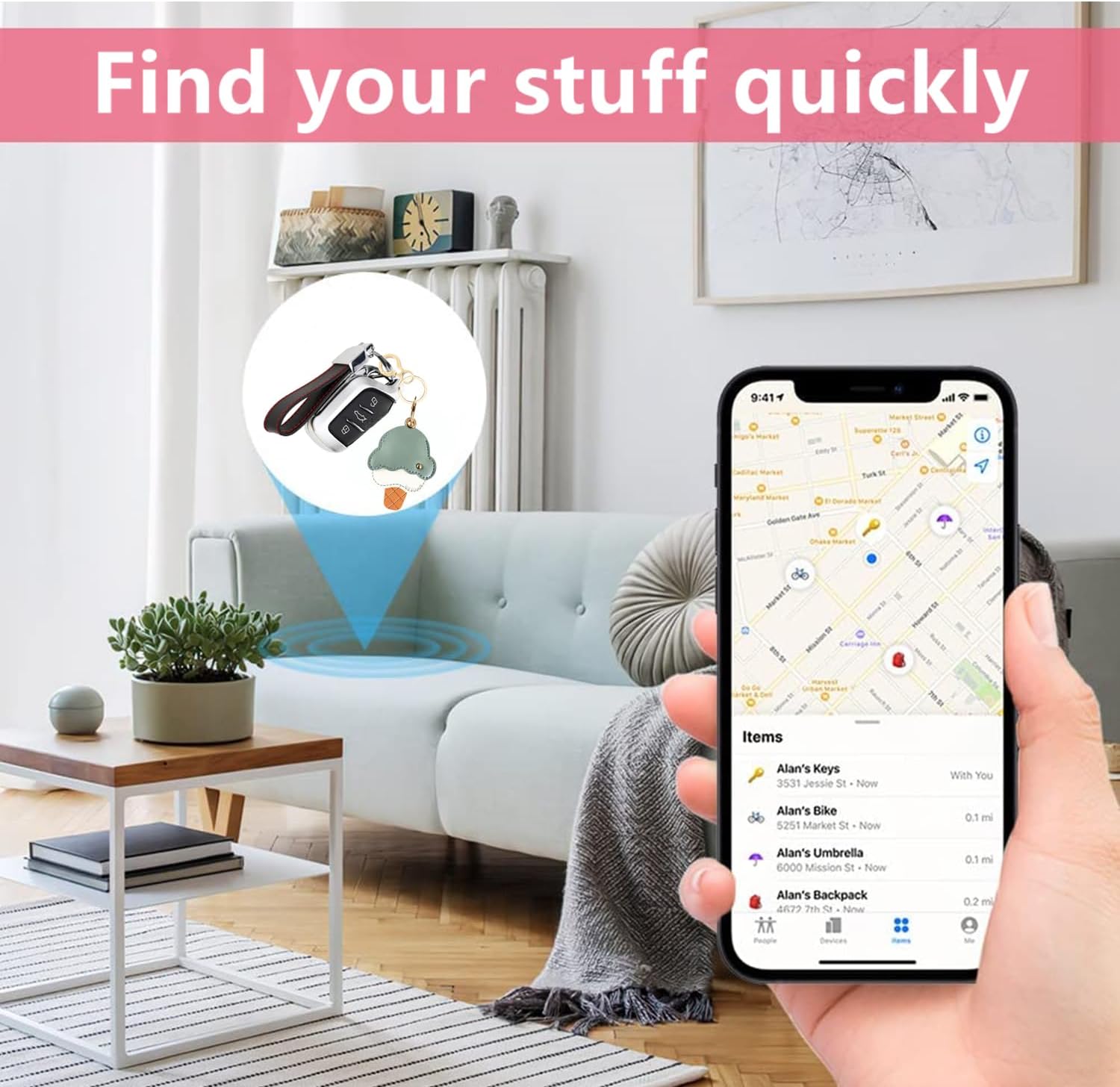 Leather Keychain Holder Case Compatible with AirTag,Cute Protective Cover with Keyring,Anti-Scratch Finder GPS Tracker Case for Wallet Keys,Bag,Pets(Ice Cream C) - Image 5