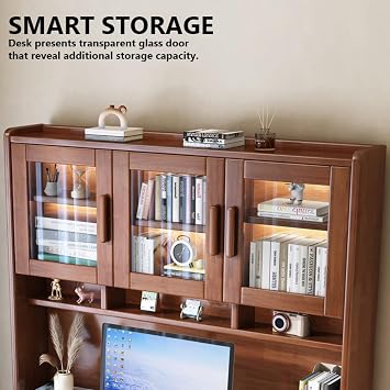 Study Table with Hutch, Modern Home Office Desk with Drawers & Glass Door Study Writing Desk Workstation for Small Space(120x60x186cm, White)