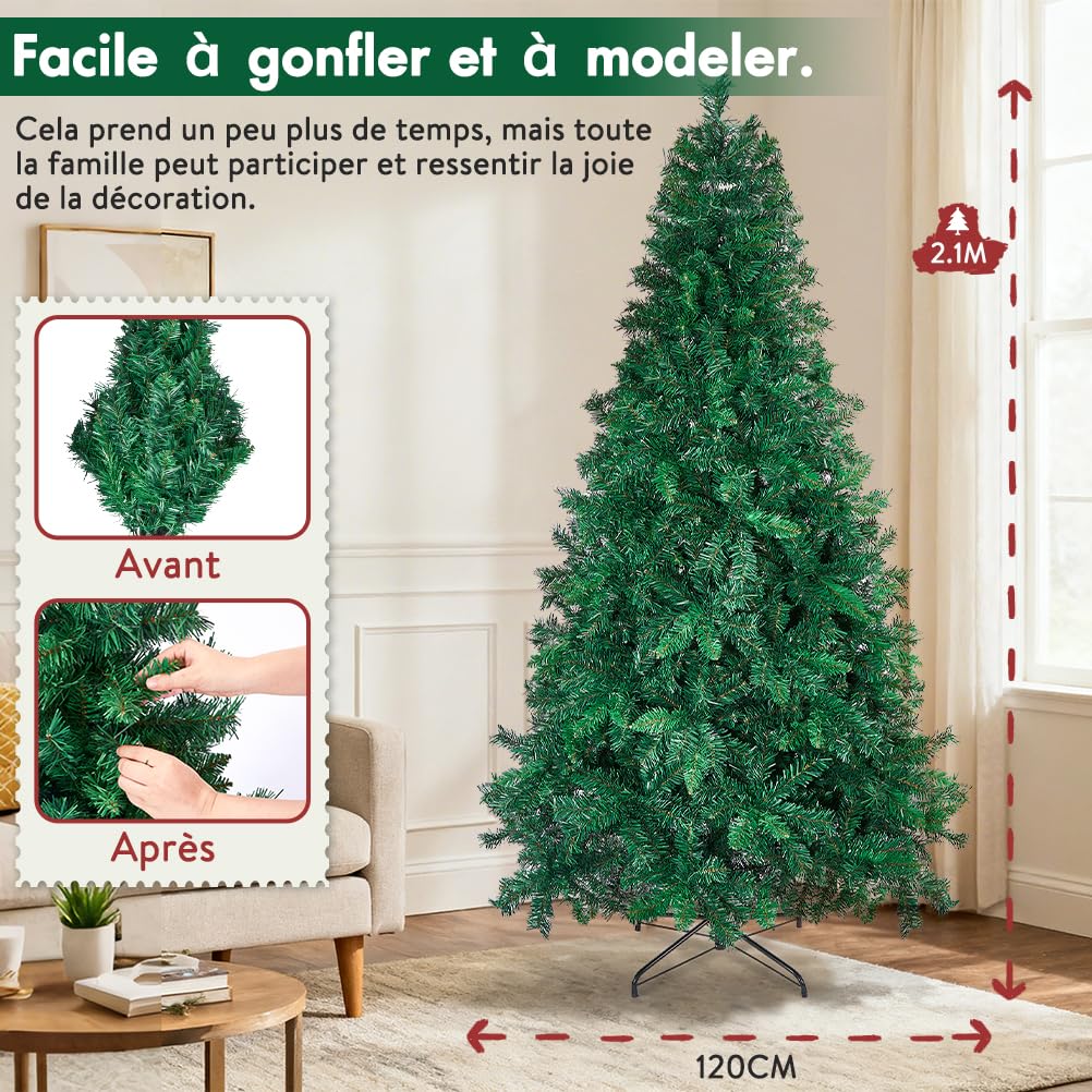 OUSFOT Vert Sapin de Noel, 1099 Branches Sapin de Noel Artificiel 210cm, avec Base en Métal Matériau PVC,Convient pour Le Salon,Chambre,Bureau