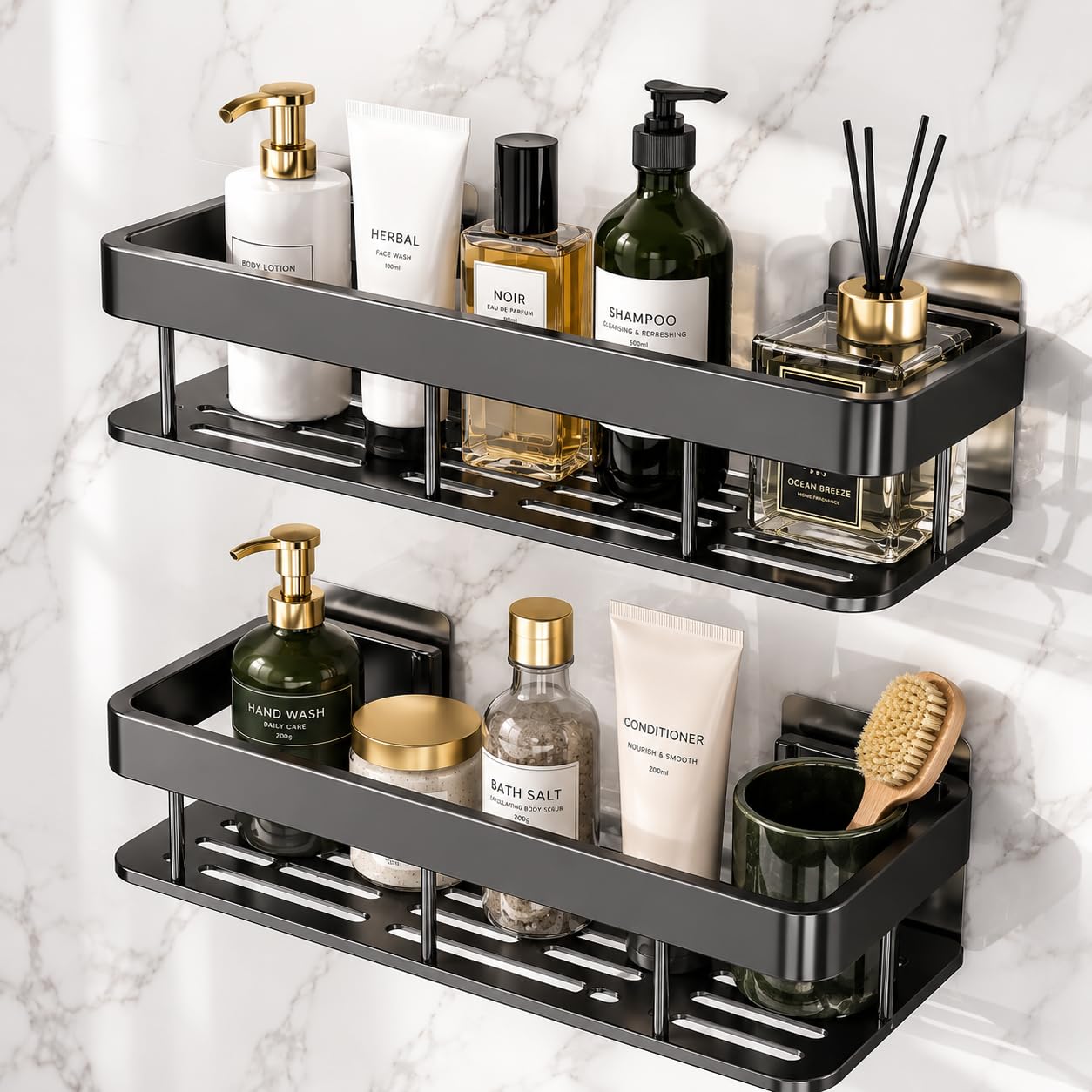 Niwlix Self Adhesive Bathroom Organiser Without Drill Accessories Set | Wall Mounted Bathroom Shelves | Aluminum Bathroom Organizer Rack for Bathroom Accessories (Black)-image-37