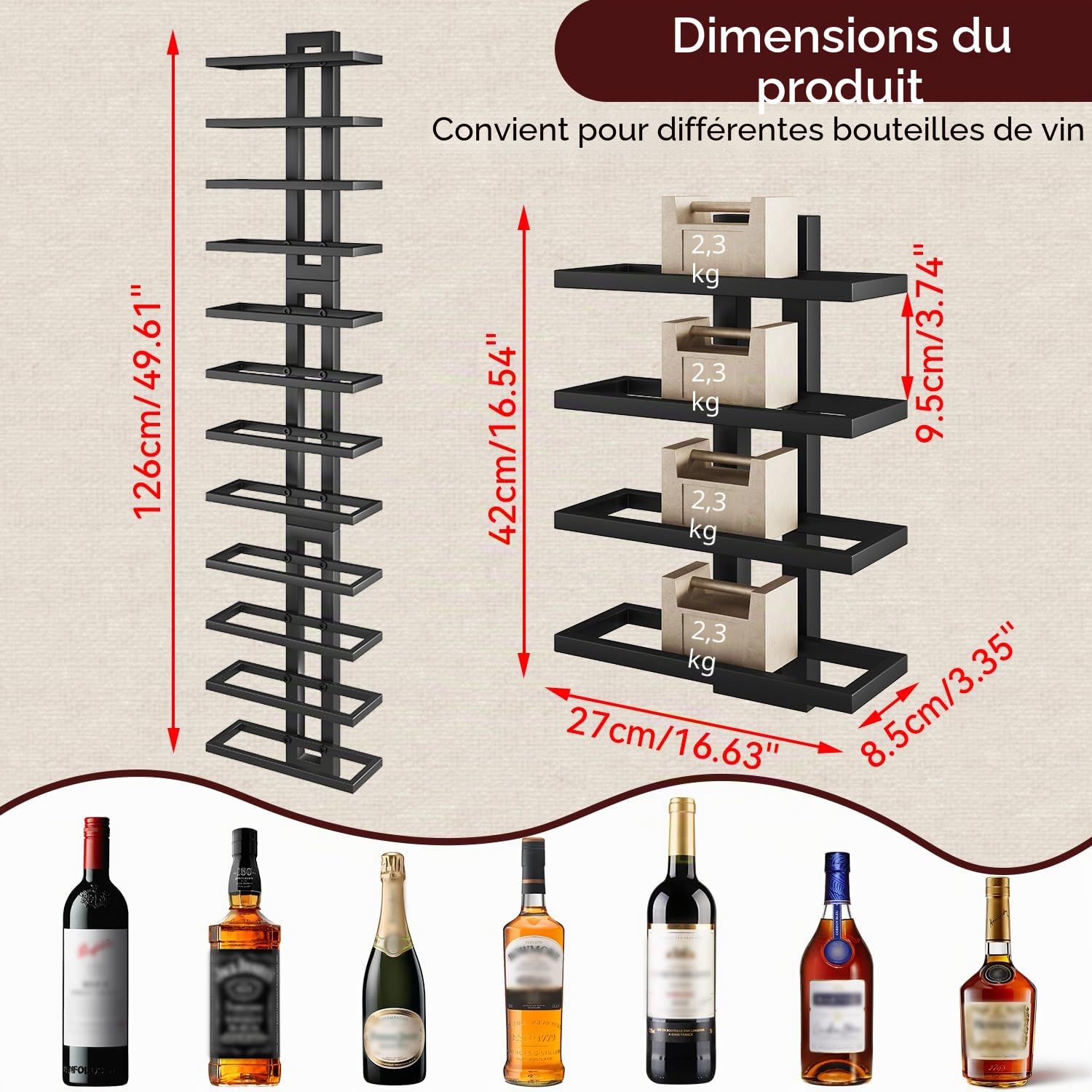 IBUYKE Casier à vin Mural pour 12 Bouteilles, Casiers à Bouteille Métal pour Bouteilles de Vin, Spiritueux, Champagne, DIY Porte Bouteille Mural pour Salle à Manger, Bar à Domicile,Noir TMJ909B