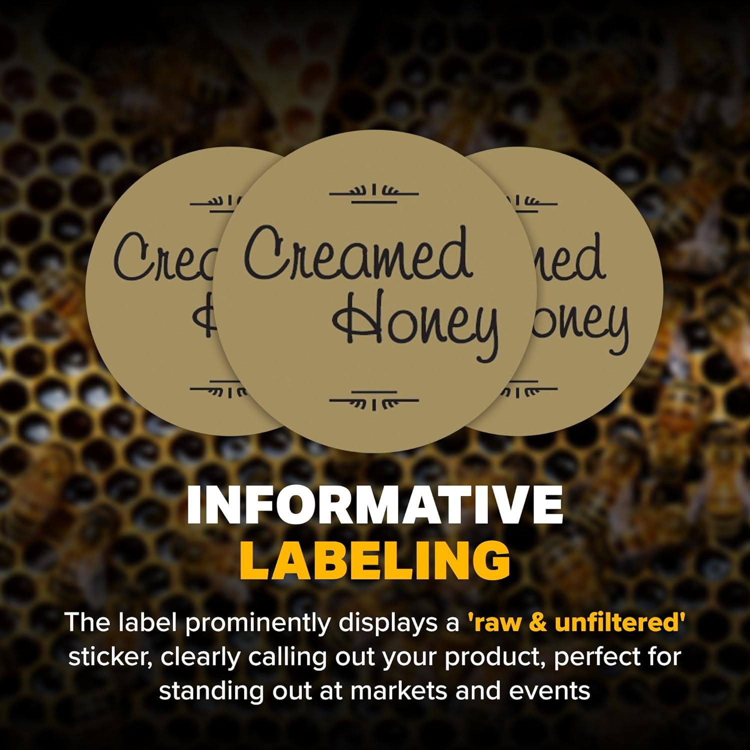 Mann Lake Gold Foil Honey Jar Labels, Multi-Surface Applicable, Easy-to-Apply, Boost Honey Sales, 250 Premium Creamed Honey Labels (1-1/4 inch)