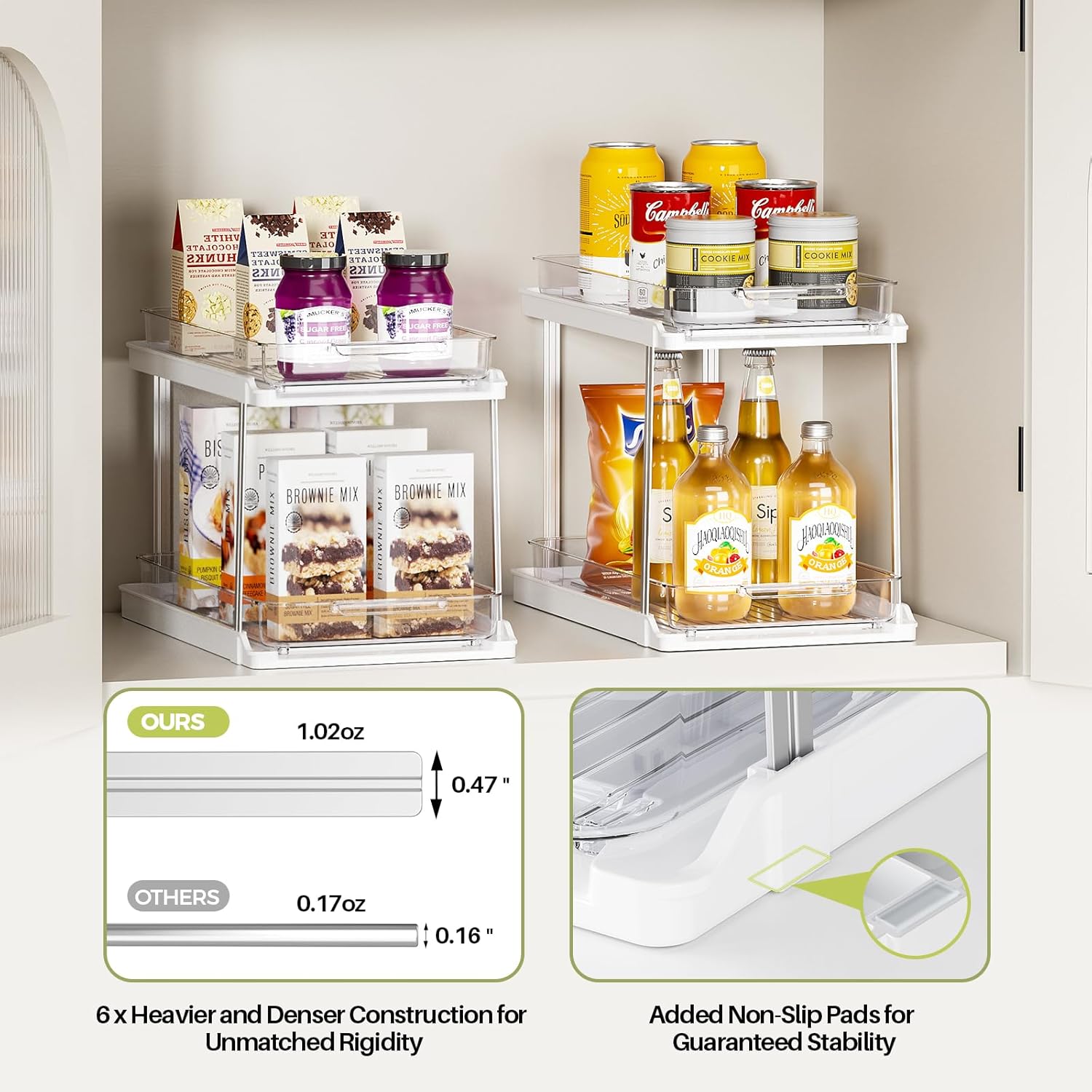 Delamu 2-Tier Bathroom Under Sink Organizers and Storage, Pull Out Cabinet Drawers with Anti-Slip Design & Two Sizes, Multi-Purpose Storage for Kitchen, Pantry, Bathroom & Home Organization, 2 Pack