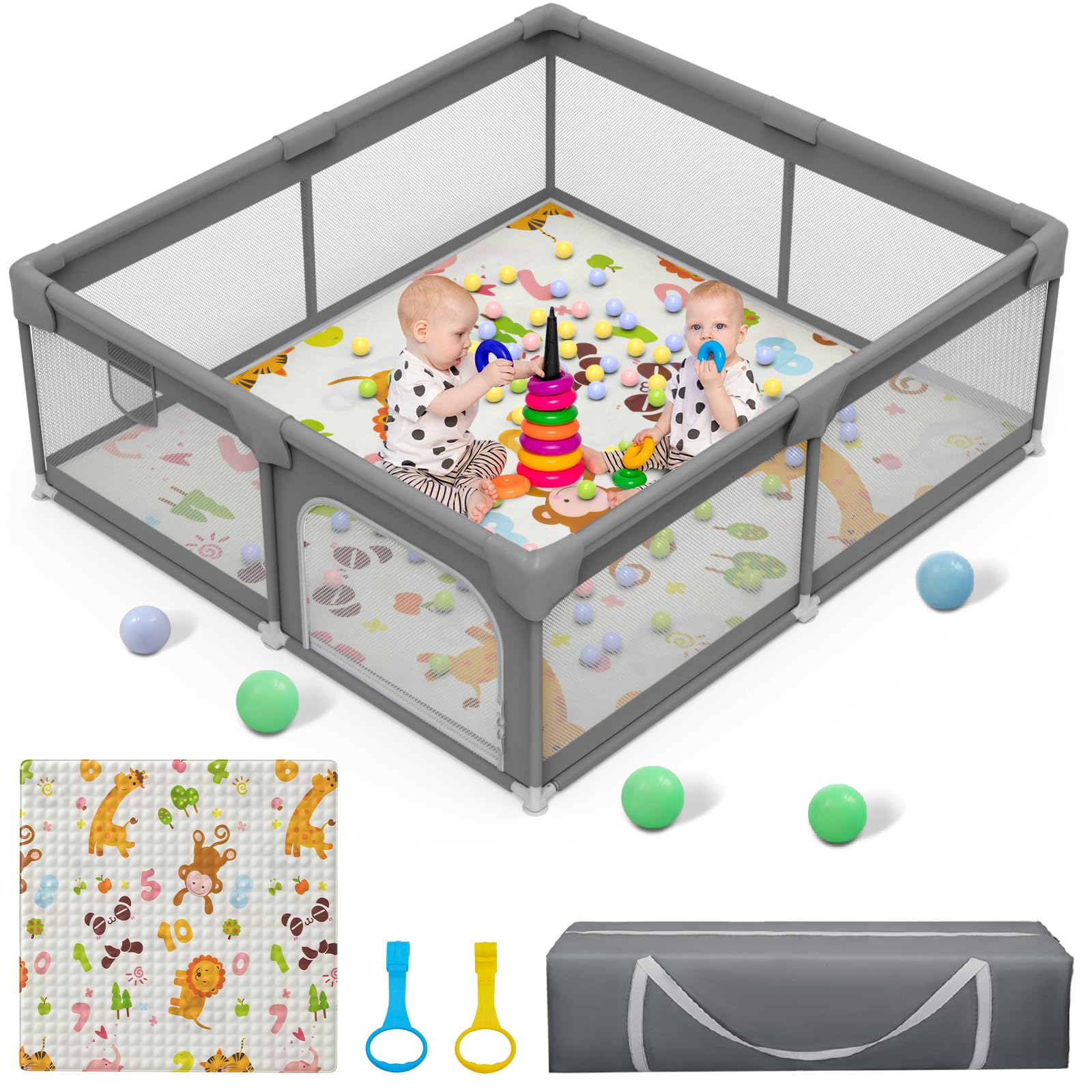 Palopalo Baby Playpen with Mat, 51''x51'' Extra Large Playard for Babies and Toddlers, Baby Activity Center with 8 Suction Cup Bases, Soft Breathable Mesh Infants Play Pen