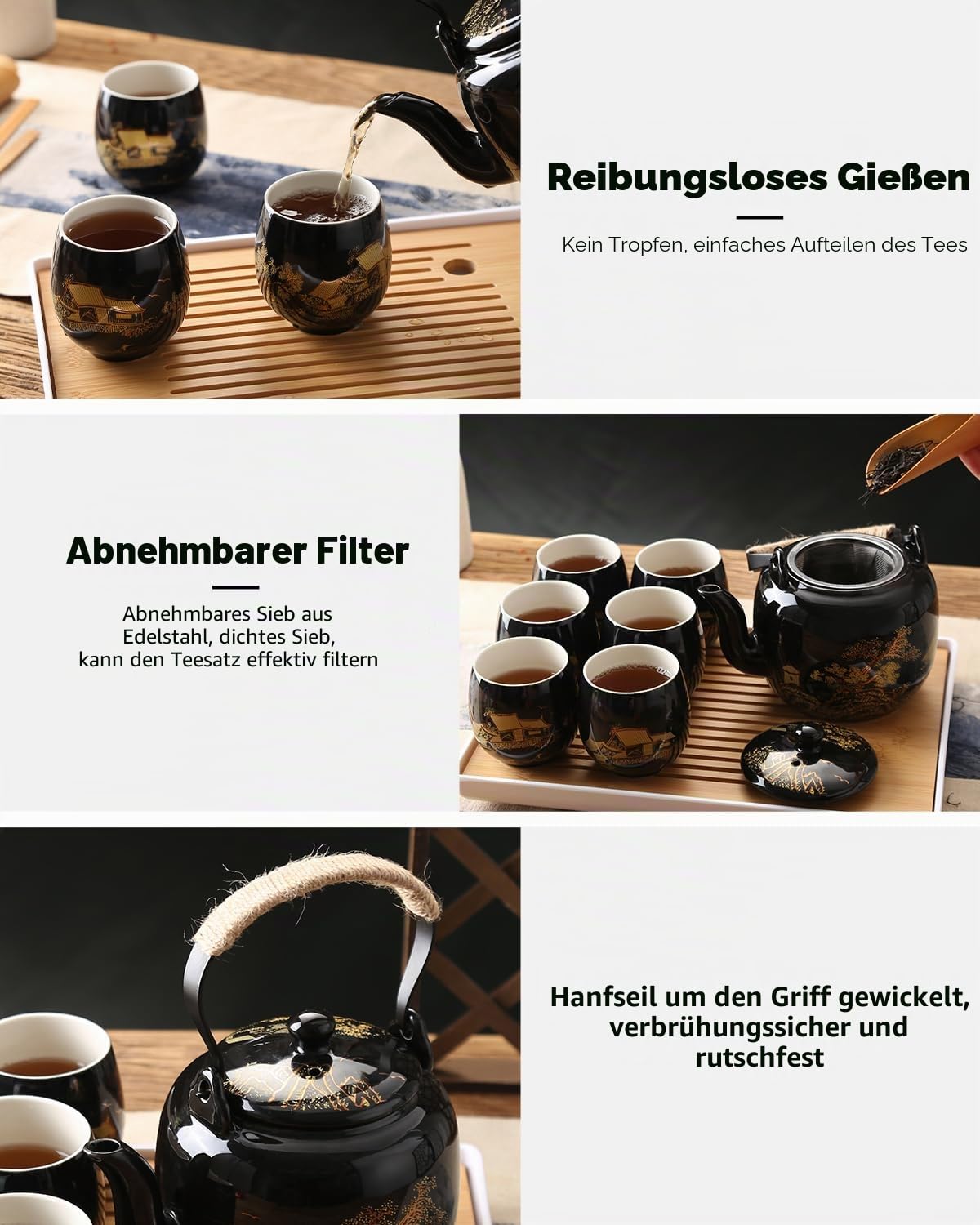 DUJUST Japanisches Teeservice, Schwarzes Porzellan Chinesisches Teeset mit Kanne und Tassen, Schönes Asiatische Teekanne Set für Teeliebhaber (Landschaft in Gold)