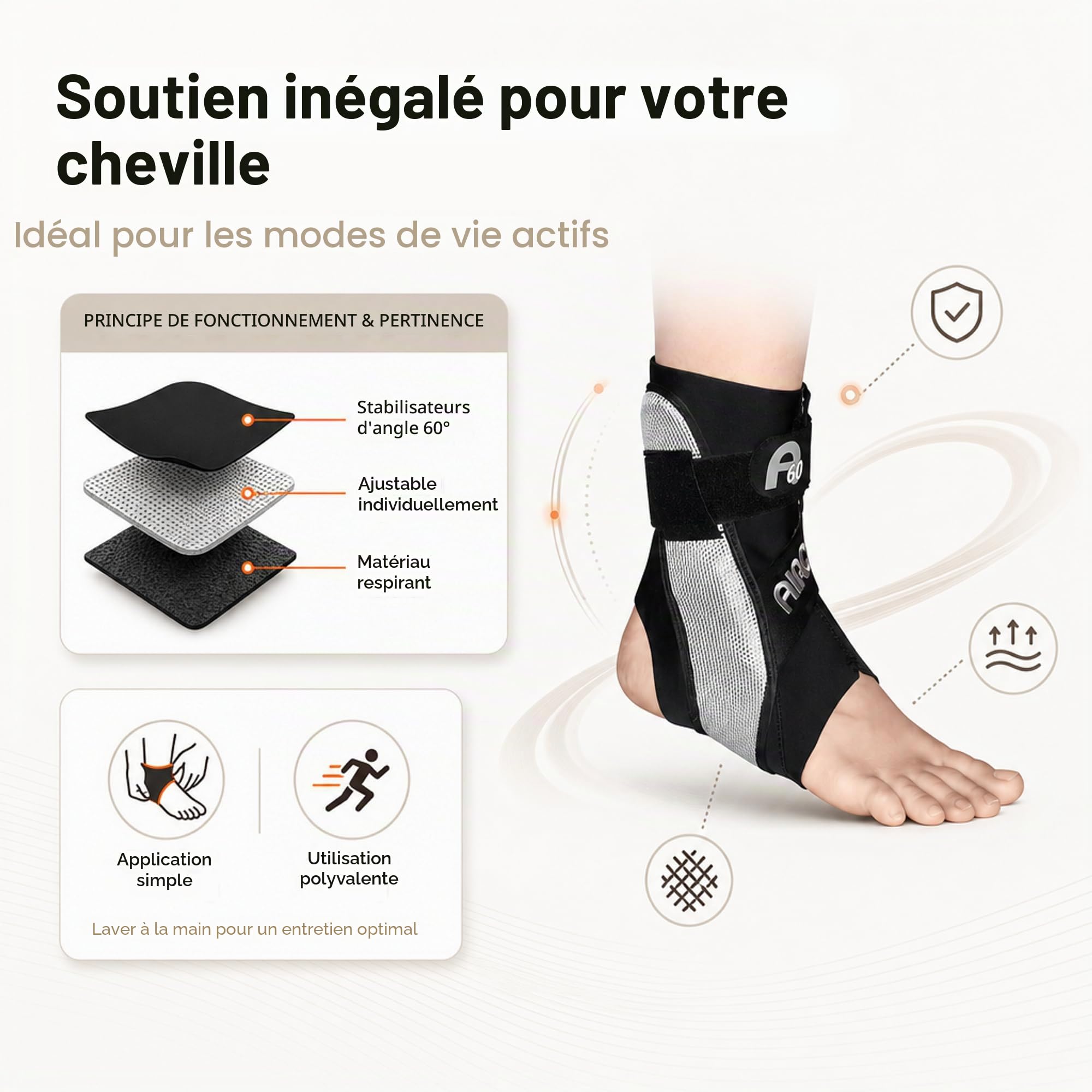 Aircast A60 Attelle de cheville en différentes tailles pour gauche ou droite – 1 pièce – Limitation de supination/pronation par cordon de serrage non élastique (droite, L)