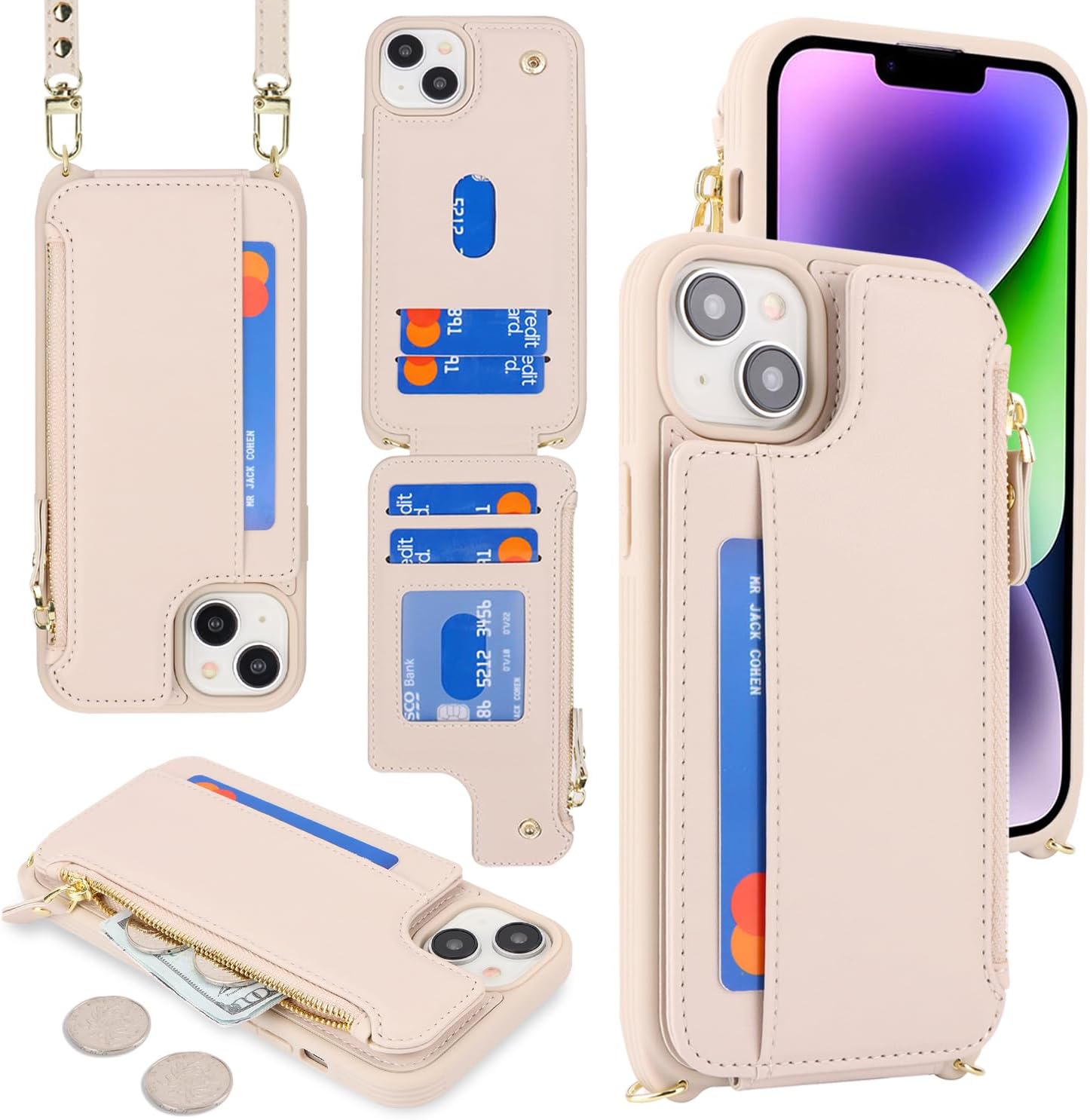 Cavor for iPhone 14 Plus Wallet Case with Card Holder for Women,for iPhone 14 Plus Case with Strap,Crossbody Lanyard and Wristlet Zipper Pocket Phone Cover-Cream - Image 3
