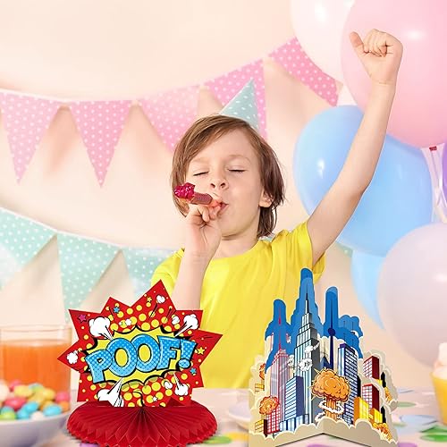 Miniatura 5 de 10 piezas de decoración de fiesta temática de héroe, centros de mesa de nido de abeja, letrero de acción, letrero de mesa, tarjetas de pie para
