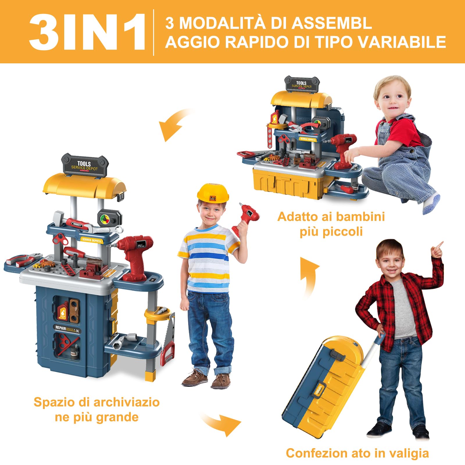 JONRRYIN Banco da Lavoro per Bambini, 46 Pezzi Cassetta Attrezzi Bambini, Attrezzi Costruzioni Giochi con Martello Cacciavite Trapano Elettrico, Giochi Imitazione Educativi, Idea Regalo