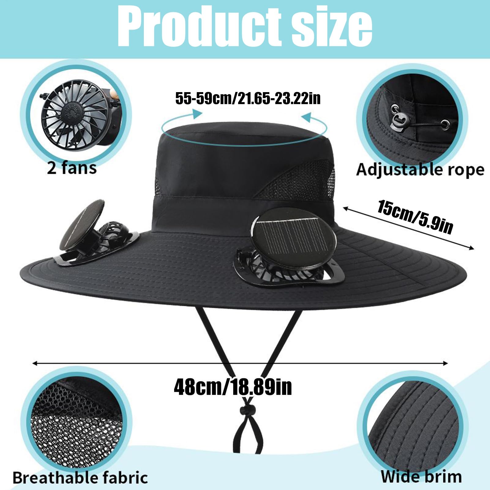 Cappello da sole a tesa larga – Cappello da sole a tesa larga con 2 ventole solari, protezione UV, berretto da pesca con ventilatore solare per uomini e donne | Cappello da sole per escursionismo