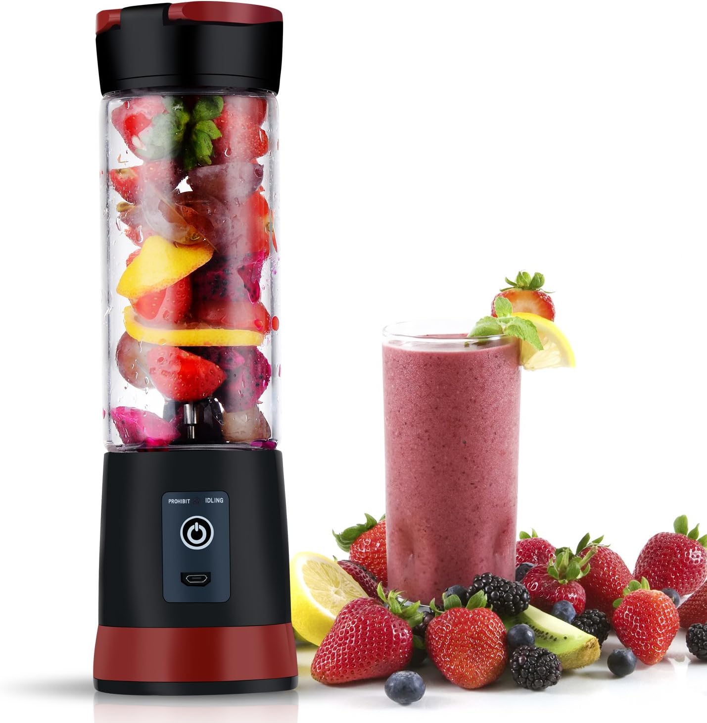 Personal Juicer Blender, Portable USB Electric Safety Juicer Cup with Travel Lid, Mini Single Serve Fruit Mixing Machine with Updated 6 Blades, 15.3oz/450ml, Black-Red
