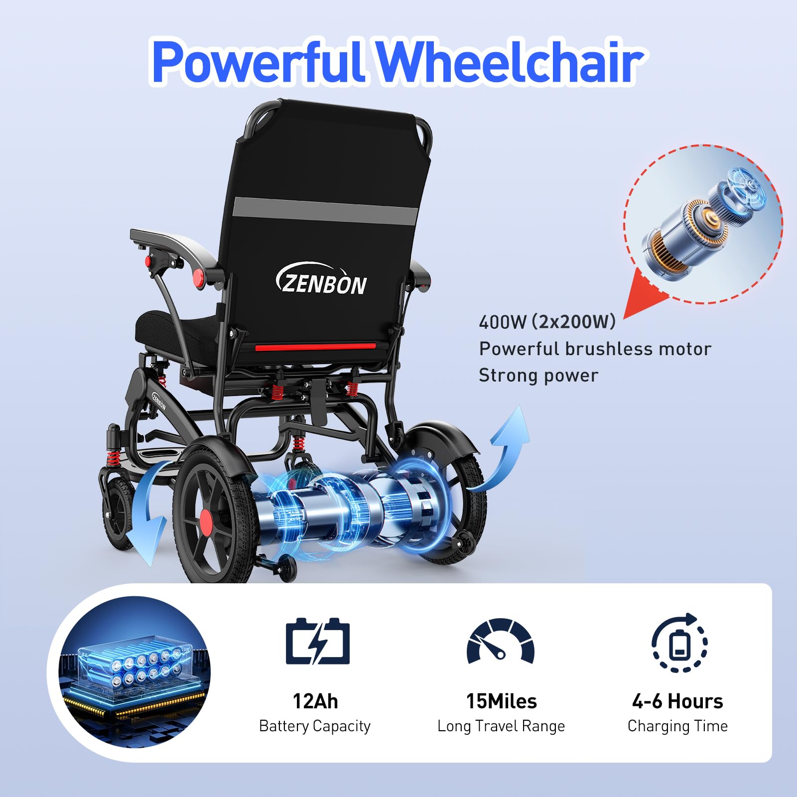 Sedia a rotelle elettrica, leggera, pieghevole, 19 kg: sedia a rotelle elettrica con telecomando e pulsante posteriore di aiuto alla spinta – Sedia a rotelle elettrica per anziani, standard