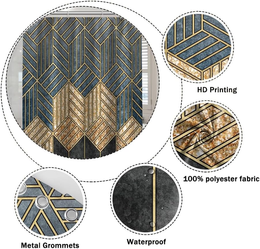 Modern Abstract Geometric Shower Curtains 72x96 Inch Gold Lines Hexagon Black Grey Wall Luxury Art Shower Curtain Set with Hooks for Bathroom Waterproof Stall Bathroom Decor