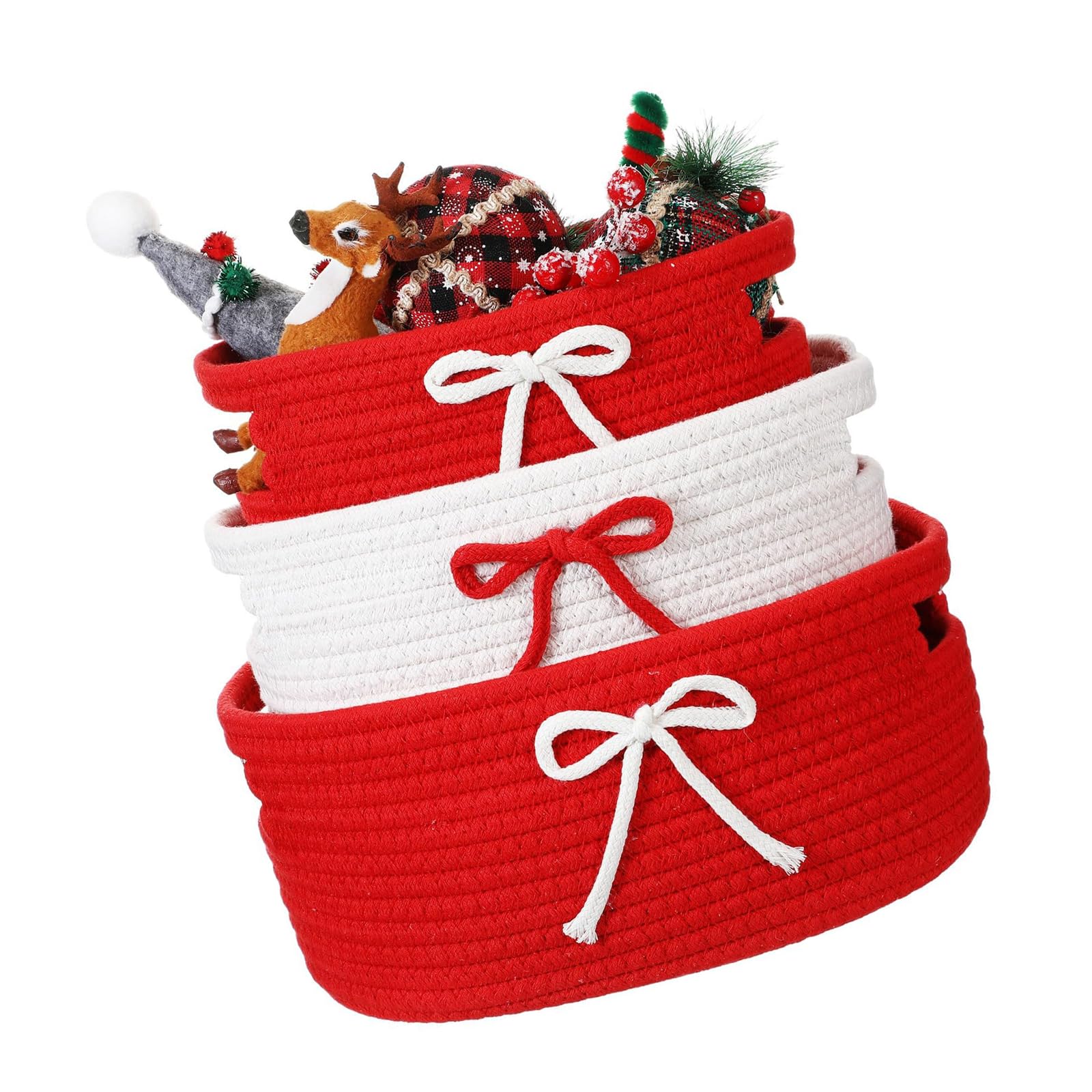 Wegiwuca Of 3 Handwoven Cotton Storage Baskets with Bowknot Decoration Home Organization Solution with Handle Interlaced Storage Basket