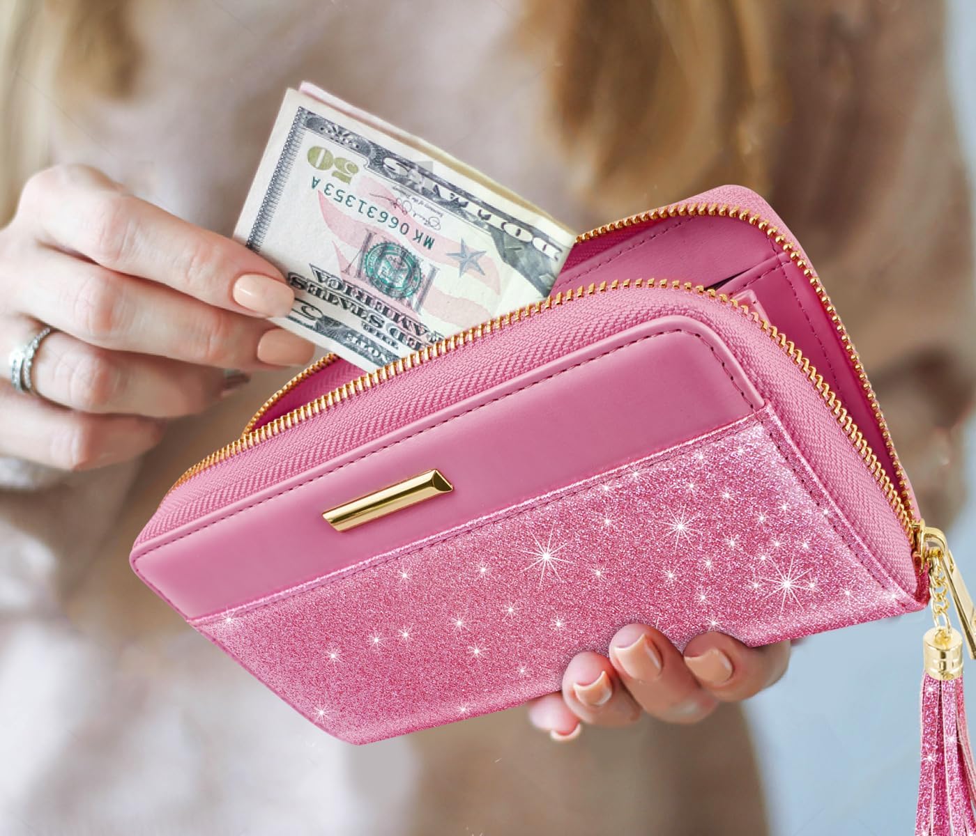 Women Wallets Multi Card Case Wallet Clutch Wallet Card Holder Organizer Ladies Purse Tassel Wrist strap Purse,Peach Glitter - Image 4