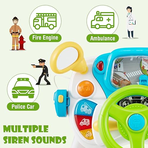 Miniatura 5 de Costzon Juguete para volante, juguete simulado de conducción con luz y música, escena giratoria cíclica, sonidos de sirena, Walkie-Talkie, taburete,