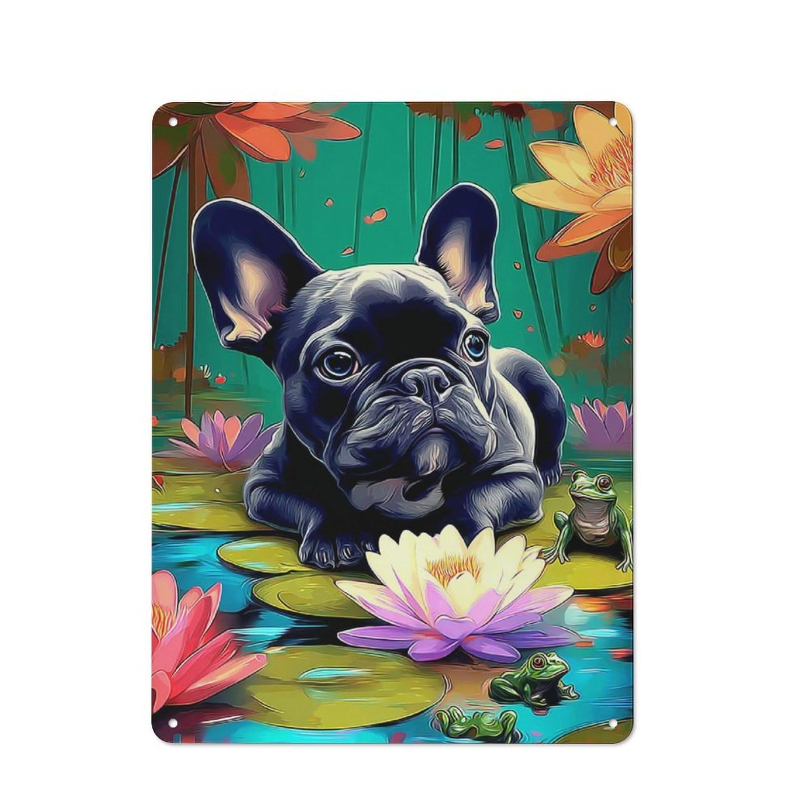 Lovely French Bulldog in Lotus Pond Decorative Metal Plaque for Bar Wall, Pub Room And Party Space, Gift for Friends, Dad Or Home Bar Owners, 40x30cm